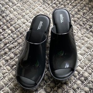 Black chunky heeled mule slides